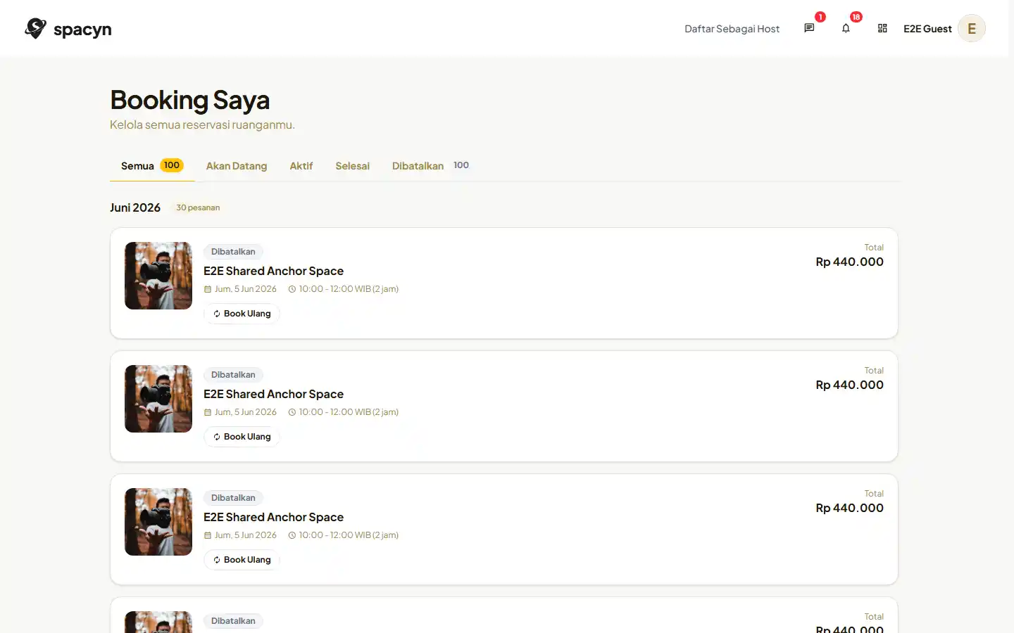 Daftar booking customer pada desktop