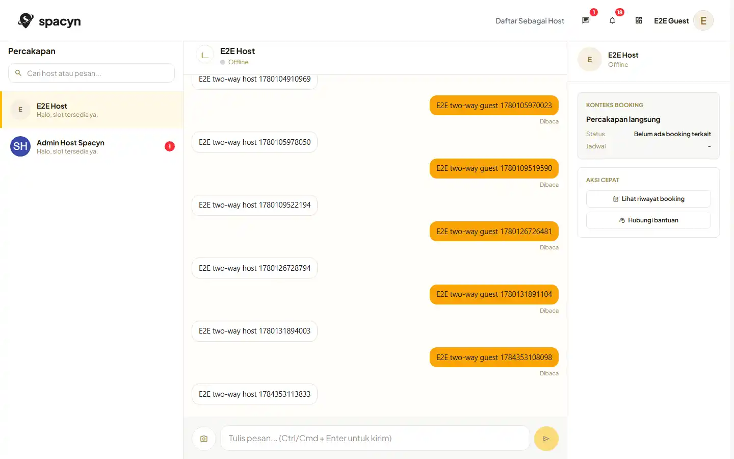 Percakapan customer dengan host pada desktop