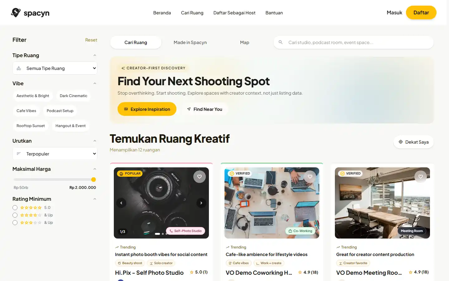 Halaman pencarian ruang Spacyn pada desktop
