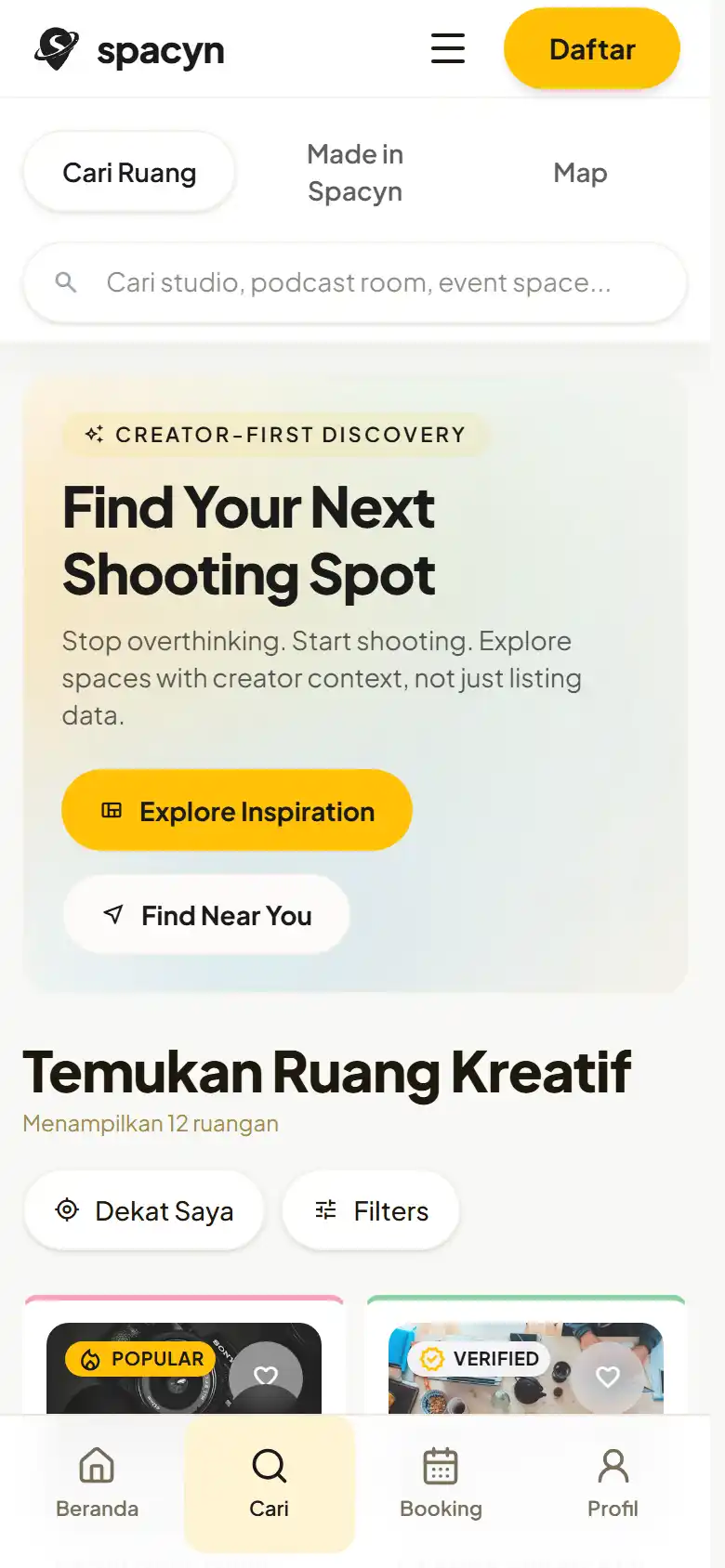 Pencarian ruang Spacyn pada ponsel