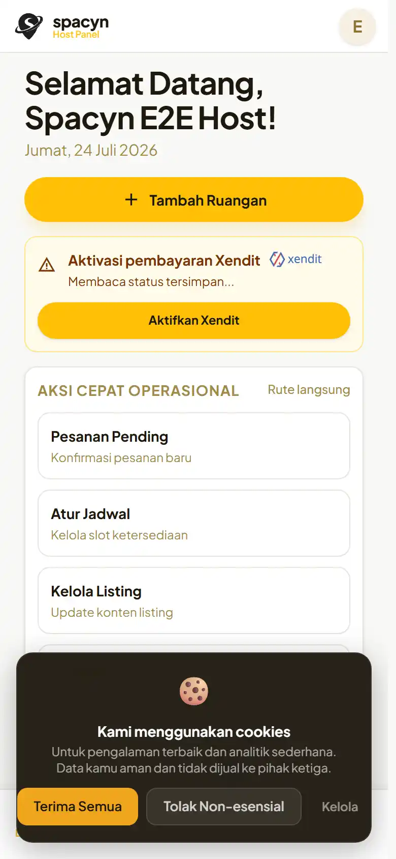 Dashboard host Spacyn pada ponsel