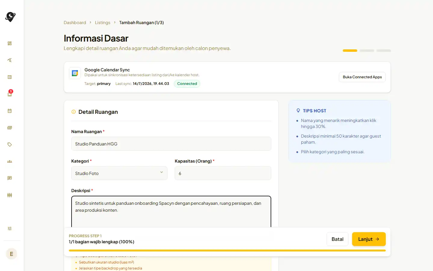 Langkah pertama pembuatan listing host