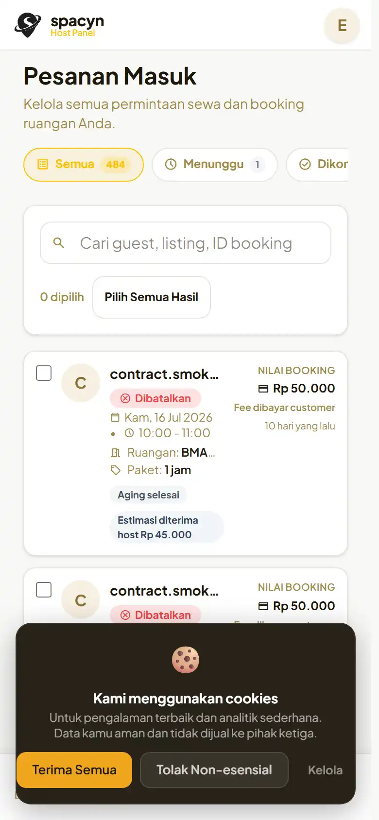 Antrean pesanan host pada ponsel